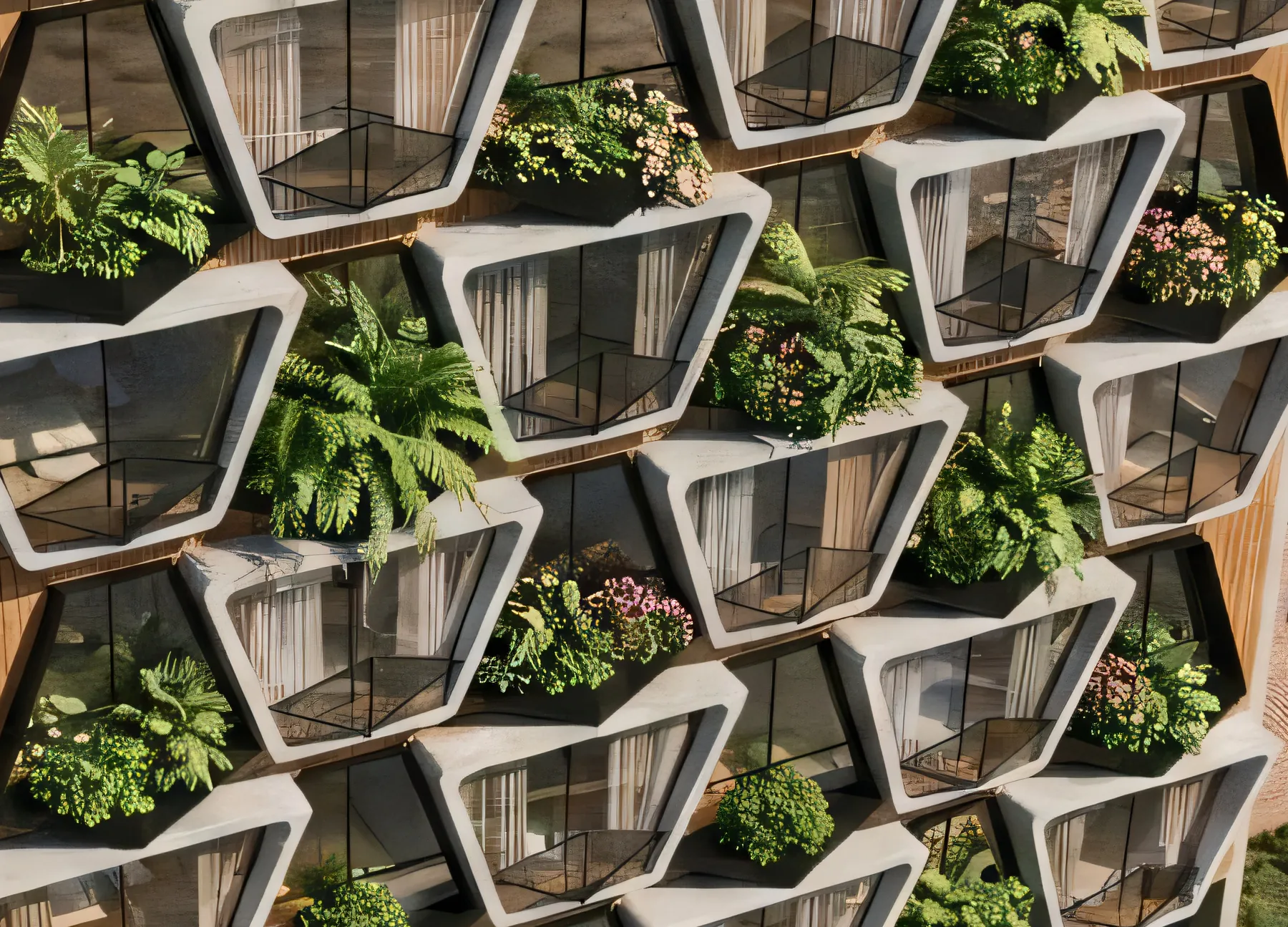 Detalle de los balcones triangulares con vegetación